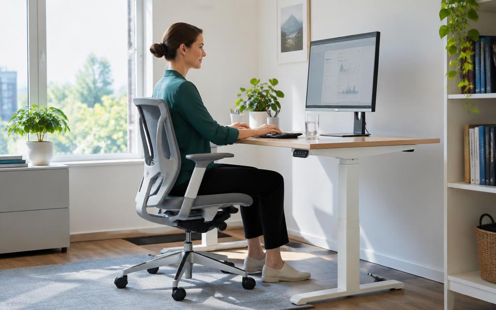 Trabajadora ajustando su puesto de trabajo ergonómico