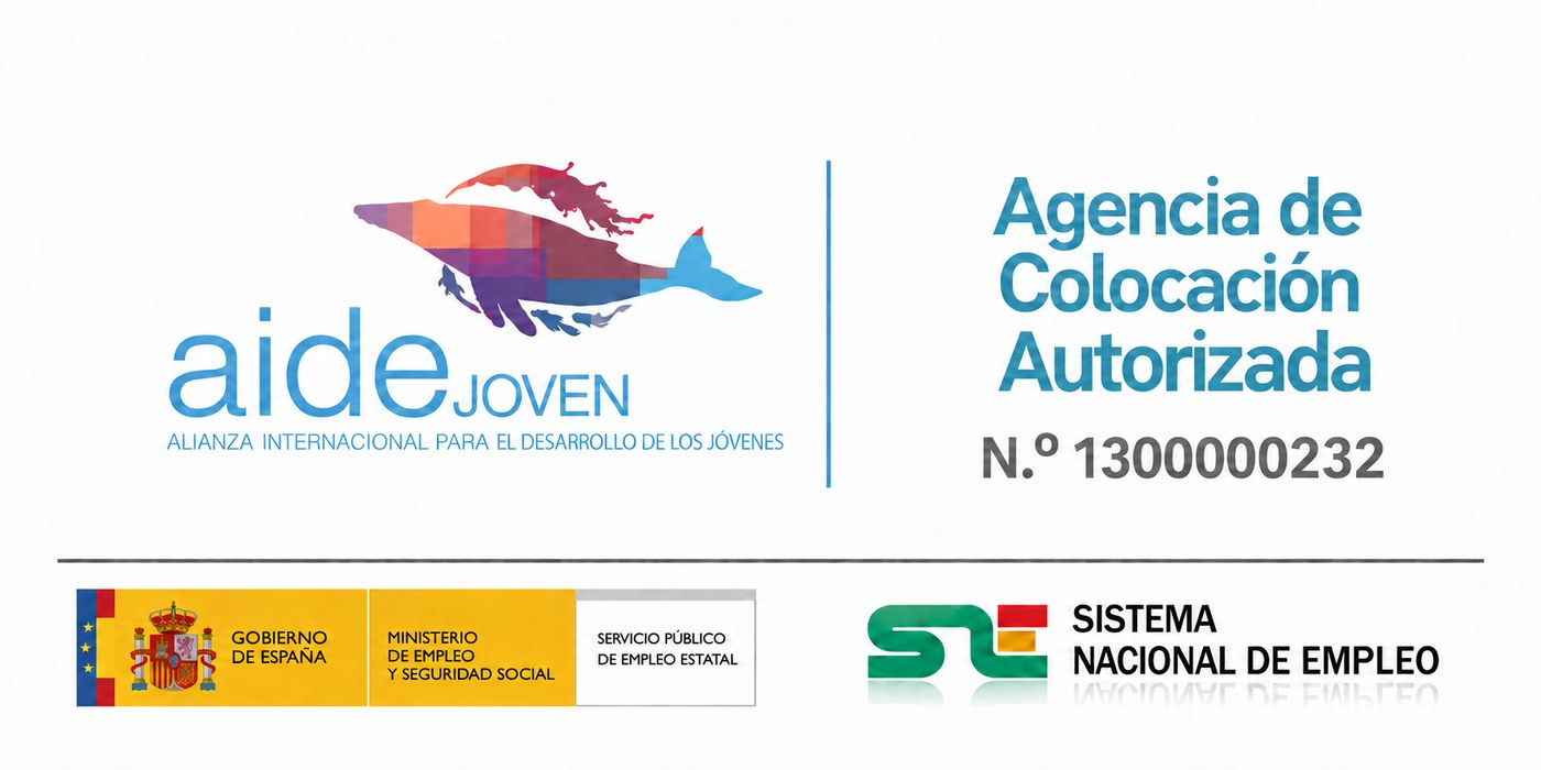 Insignia de AIDEJOVEN como Agencia de Colocación autorizada, número 1300000232. Enlace al portal de empleo de AIDEJOVEN