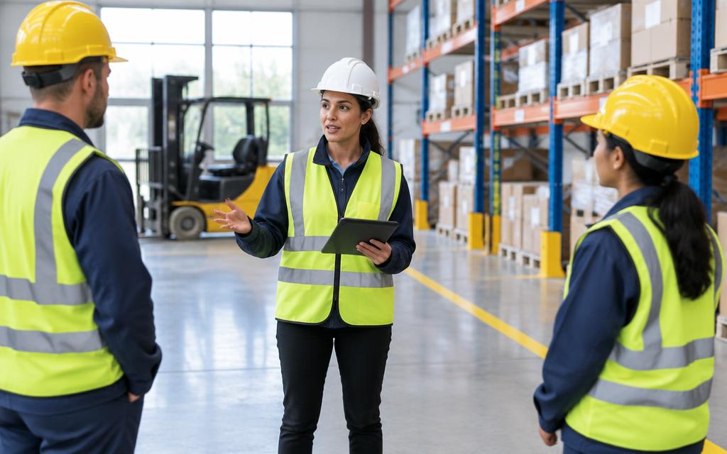 Trabajadora ajustando su puesto de trabajo ergonómico