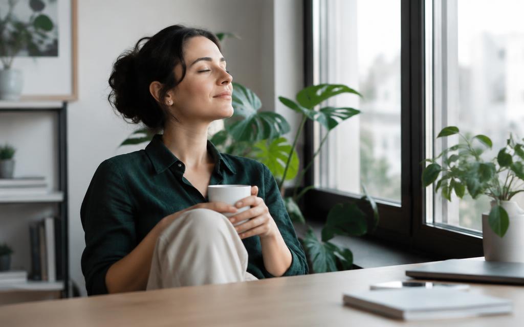 Persona haciendo una pausa de bienestar en la oficina