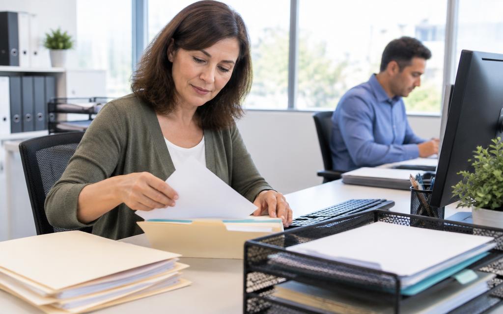 Persona adulta realizando tareas administrativas con ordenador y documentación