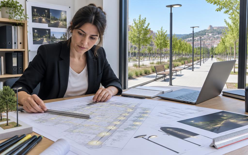 Persona adulta trabajando con planos de una instalación de alumbrado exterior