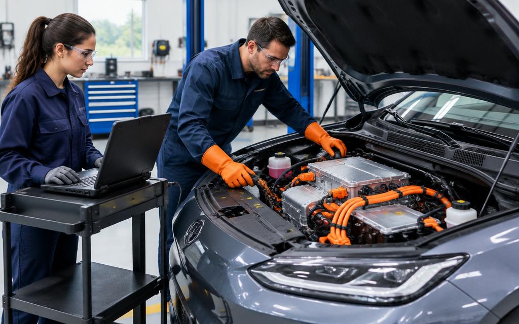 Profesional revisando un vehículo híbrido o eléctrico